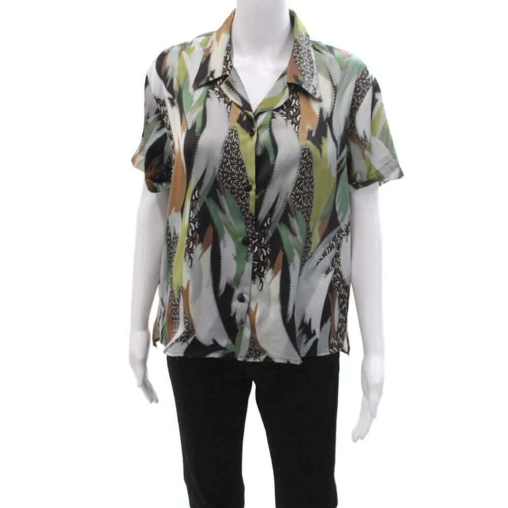 The Line Women Collared Short Sleeve Button Up Blouse Black Silk Blend Size M